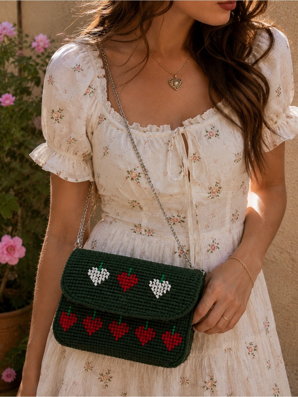 Vintage Strawberry Needlepoint Crossbody Bag